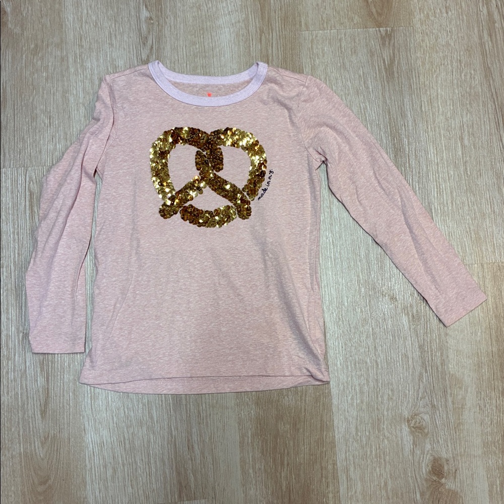 Crewcuts Pink Long Sleeve Top with Gold Sequin Pretzel S 6/7